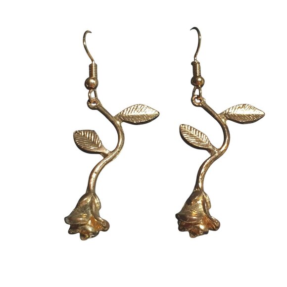 Gold Tone Rose Dangling Earrings Leaf Hook Backings Lightweight Jewelry Mom Gift - Picture 2 of 4
